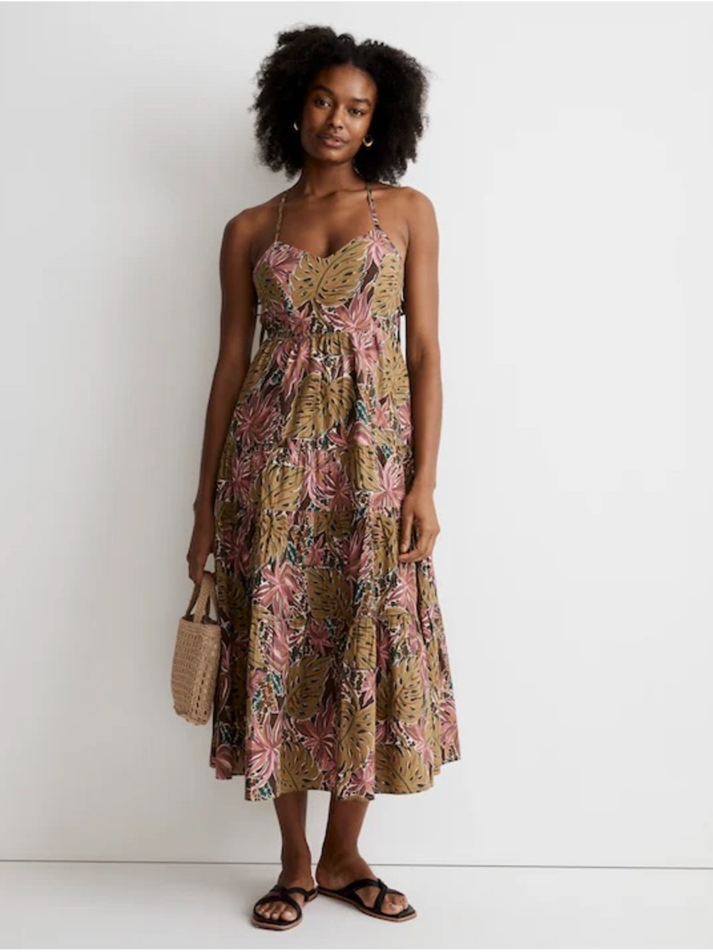 NWOT MADEWELL Floral Leaf Print Spaghetti-Strap Midi Dress in Pink and Olive